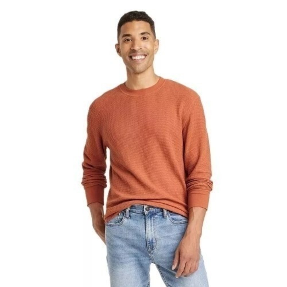 Mens Orange Textured Long Sleeve Tee Size Medium - Goodfellow & Co 28136 - Picture 1 of 2